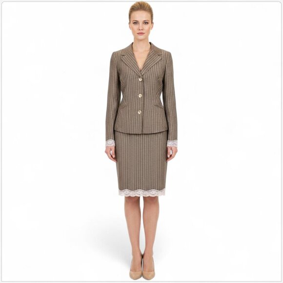 Nicole Miller Brown Pink Pinstripe Lace Trim Skirt Jacket Suit New NWT 6 / 2 - Picture 1 of 7